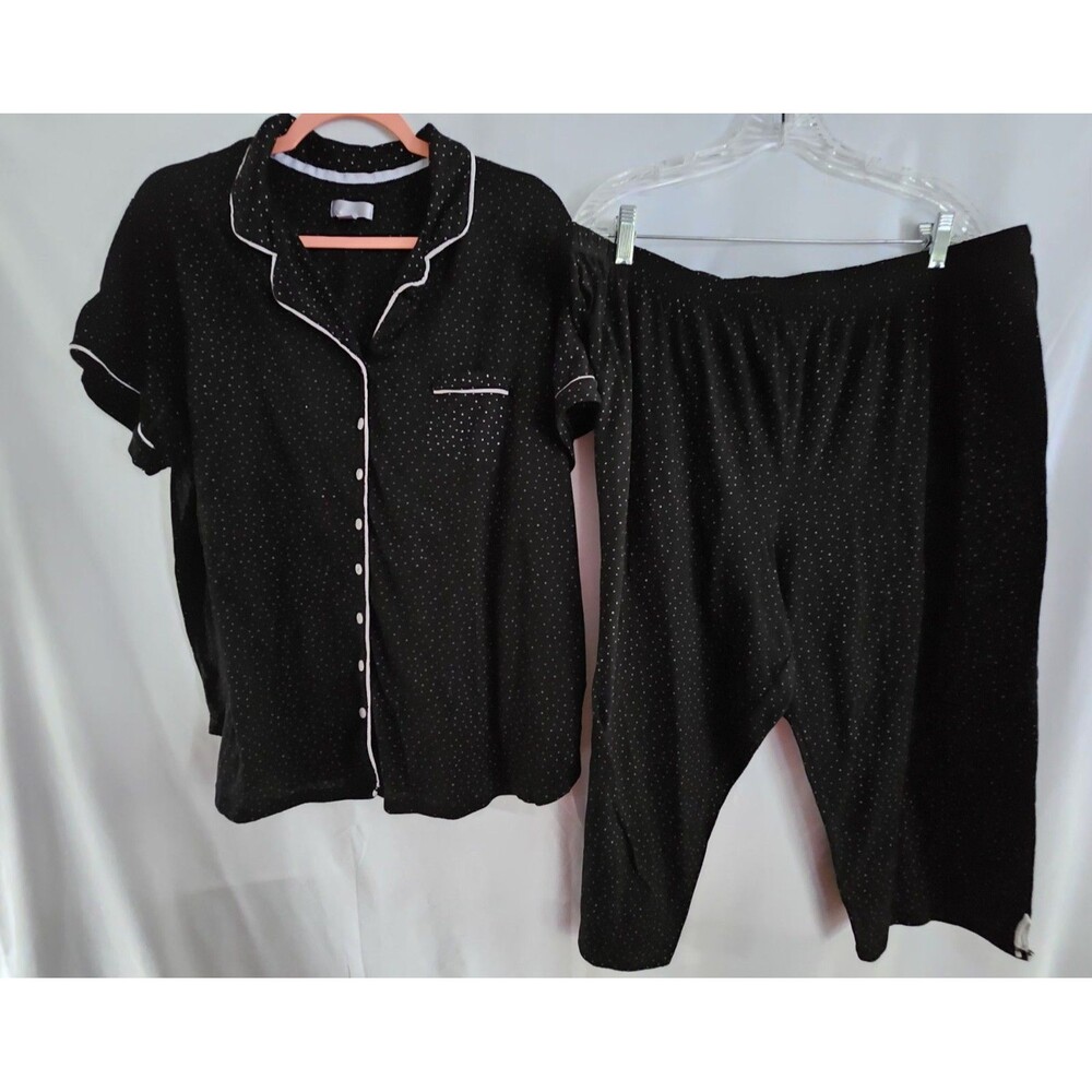 Secret Treasures Womens 2X Black White Polka Dot Pajama Set Button Front Cropped